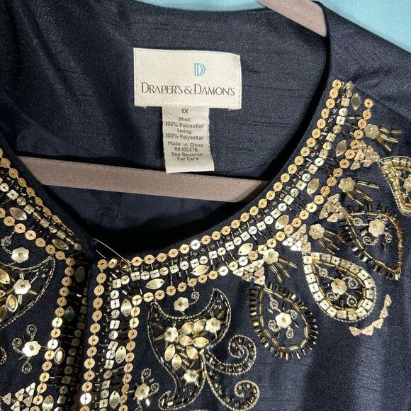 Draper’s & Damon’s NAVY BLUE Size 1X silver and gold Sequined Jacket fully lined - Picture 3 of 5